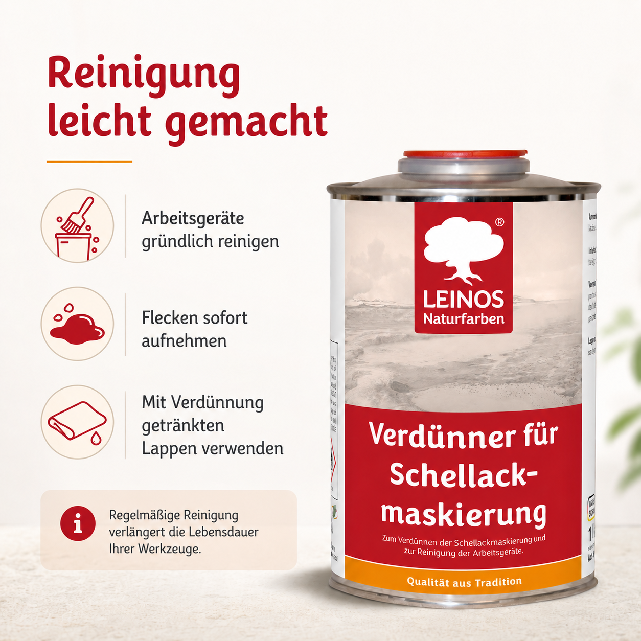 LEINOS 956 Verdünner für Schellackmaskierung 1,0 l – Ethanol zur Verdünnung von Schellack-Maskierung, zur Reinigung von Werkzeugen und Geräten, für professionelle Anwendungen im Innenbereich genutzt.