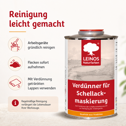 LEINOS 956 Verdünner für Schellackmaskierung 1,0 l – Ethanol zur Verdünnung von Schellack-Maskierung, zur Reinigung von Werkzeugen und Geräten, für professionelle Anwendungen im Innenbereich genutzt.