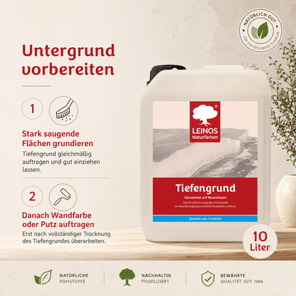 LEINOS Tiefengrund 620 10 Liter  – natürliche Grundierung für stark saugende Untergründe | Transparent, hoch dampfdurchlässig | Vorbereitung für Wandfarbe & Putz | 1L reicht für bis zu 25 m²