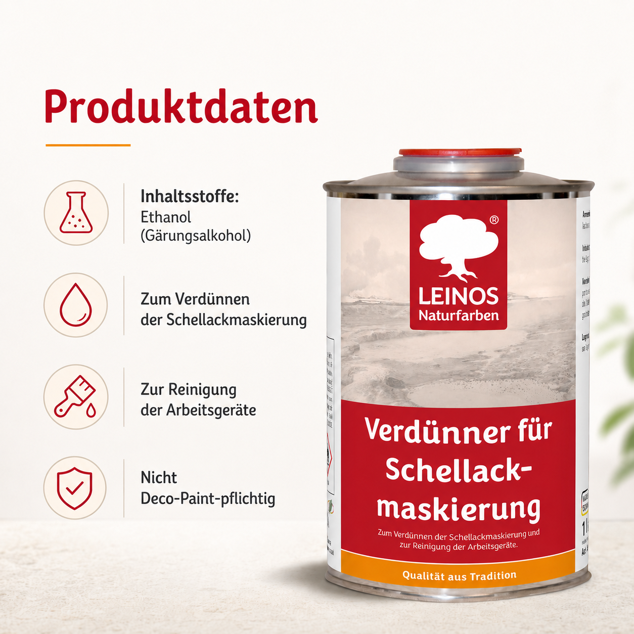 LEINOS 956 Verdünner für Schellackmaskierung 1,0 l – Ethanol zur Verdünnung von Schellack-Maskierung, zur Reinigung von Werkzeugen und Geräten, für professionelle Anwendungen im Innenbereich genutzt.