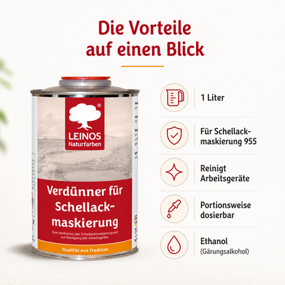 LEINOS 956 Verdünner für Schellackmaskierung 1,0 l – Ethanol zur Verdünnung von Schellack-Maskierung, zur Reinigung von Werkzeugen und Geräten, für professionelle Anwendungen im Innenbereich genutzt.