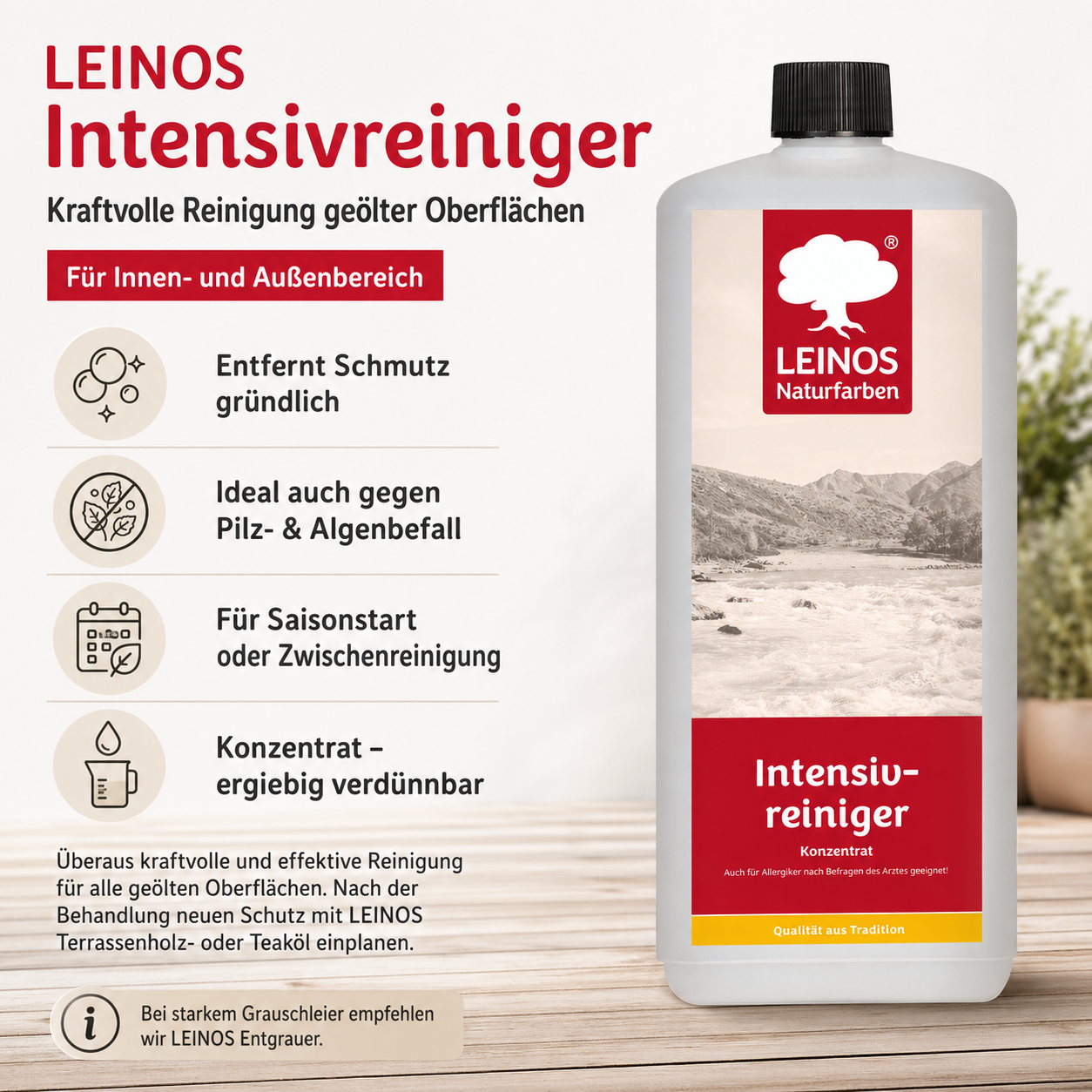 LEINOS Intensivreiniger 0,5 Liter – kraftvoller Holzreiniger für innen & außen – entfernt Schmutz, Algen & Pilze – für Terrassen, Zäune, Stein & Holz – hochkonzentriert & ergiebig