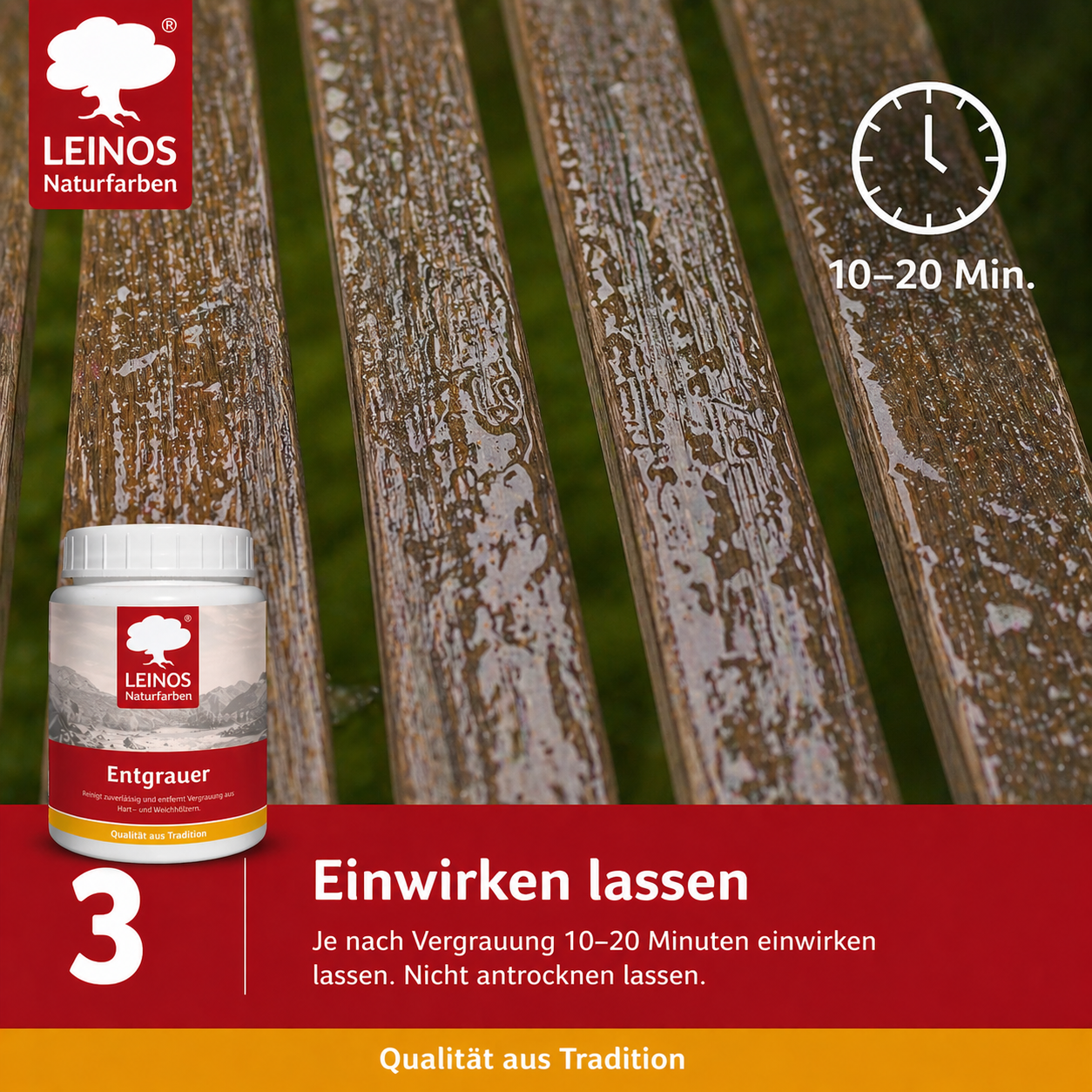 Leinos Entgrauer 0,5 Liter  für Holz-Gartenmöbel & Terrassenholz – Auftragen, einwirken lassen, abbürsten – effektive Reinigung & Auffrischung von Hart- und Weichholz