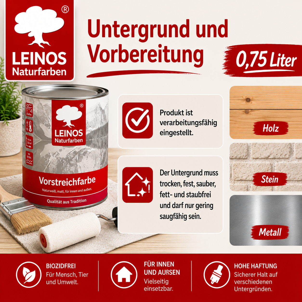 LEINOS Vorstreichfarbe 810 | 0,75 Liter | universelle Grundierung für Holz, Metall, Glasfasertapeten | schnelltrocknend, diffusionsoffen & atmungsaktiv | weiß matt, sehr gut schleifbar, innen & außen nutzbar