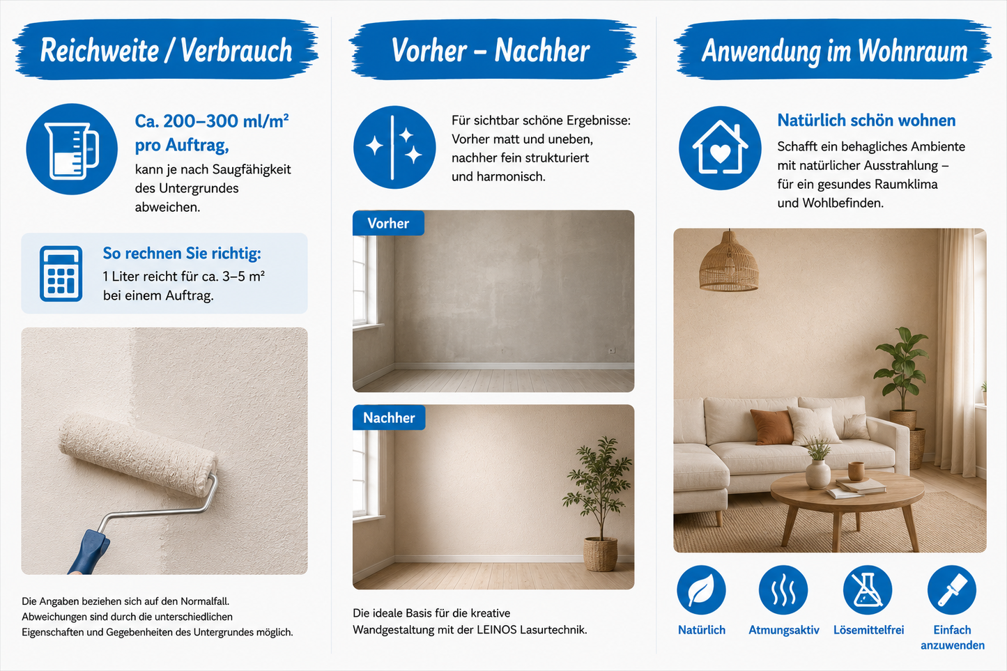 LEINOS Streich- und Rollputz fein 685, weiß – Feinkörniger Putz für Innen, atmungsaktiv, lösemittelfrei, schadstofffrei, gebrauchsfertig, strukturierbar, auf Putz, Gips, Lehm, Altanstrich – 2,5 L