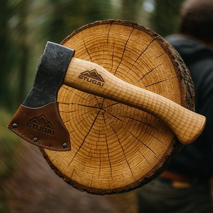 STUBAI Campingbeil „Habicht“ 1.100 g – Handgeschmiedet aus Kohlenstoffstahl, 340 mm, geölter Hickorystiel, Lederscheide – Outdoor, Bushcraft, Survival
