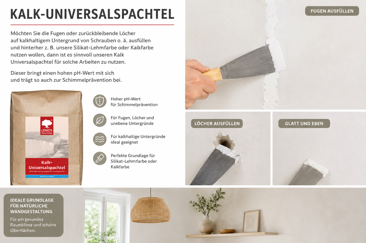 LEINOS Kalk-Universalspachtel 683, weiß – Mineralische Spachtelmasse für Wand & Decke innen, atmungsaktiv, schimmelhemmend, lösemittelfrei, glättbar & strukturierbar, auf Putz, Lehm, Gips – 20 kg