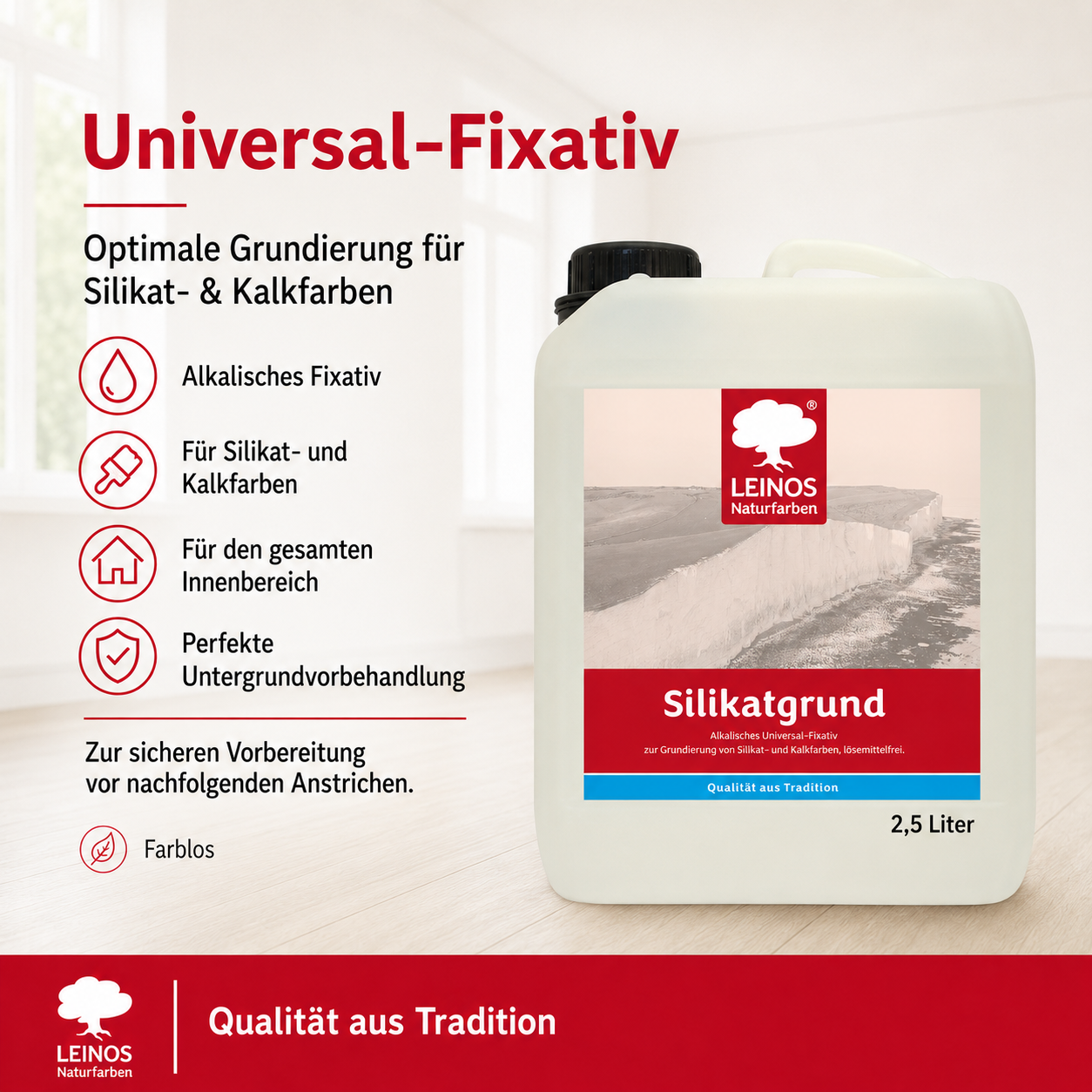 LEINOS Silikatgrund 621 | Universal-Fixativ & Grundierung für Silikat- & Kalkfarben | Farblos, hoch wasserdampfdurchlässig, lösemittelfrei | 2,5 Liter | von LEINOS