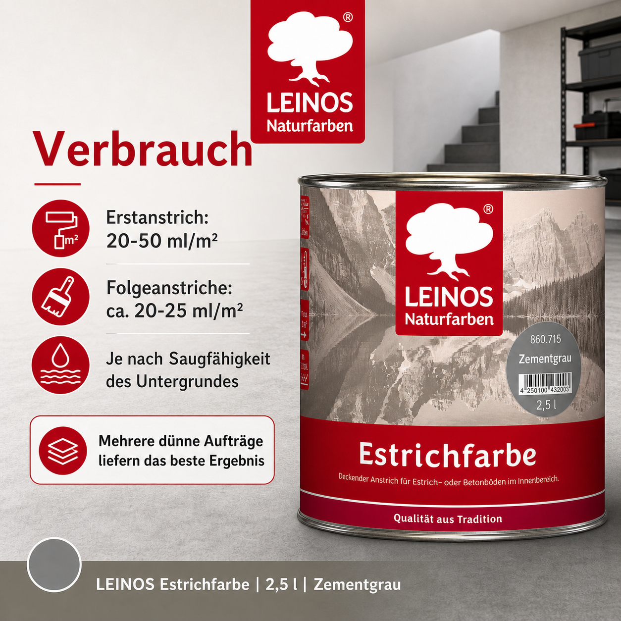 Estrichfarbe 860 | 2,5 Liter | für innen | Schutz & Farbgebung für offenporige Estrich- & Betonflächen | abriebfest, wasserabweisend, speichel- & schweißecht |  Zementgrau