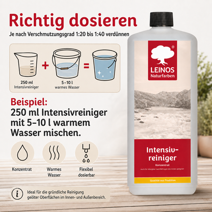LEINOS Intensivreiniger 0,5 Liter – kraftvoller Holzreiniger für innen & außen – entfernt Schmutz, Algen & Pilze – für Terrassen, Zäune, Stein & Holz – hochkonzentriert & ergiebig