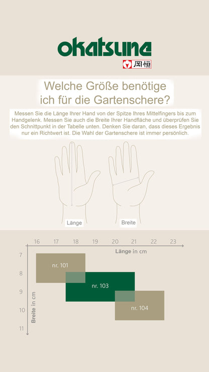 OKATSUNE 104 Gartenschere extra groß | Japanische Profi-Gartenschere für große Hände, 210 mm Länge, rasiermesserscharfe Klingen für Äste bis 25 mm, unbestrittene Nummer 1 in Japan
