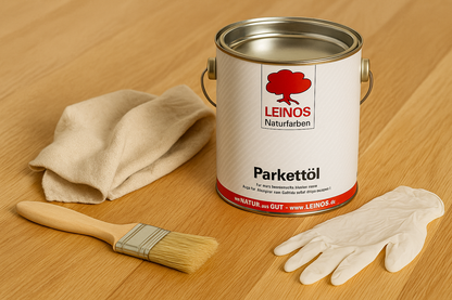 LEINOS 252 Parkettöl für Innen, 2,5 L – seidenmatt & farblos – natürliche Holzpflege für Parkett & Dielenböden – atmungsaktiv, wasserabweisend & strapazierfähig – lösemittelfrei & offenporig