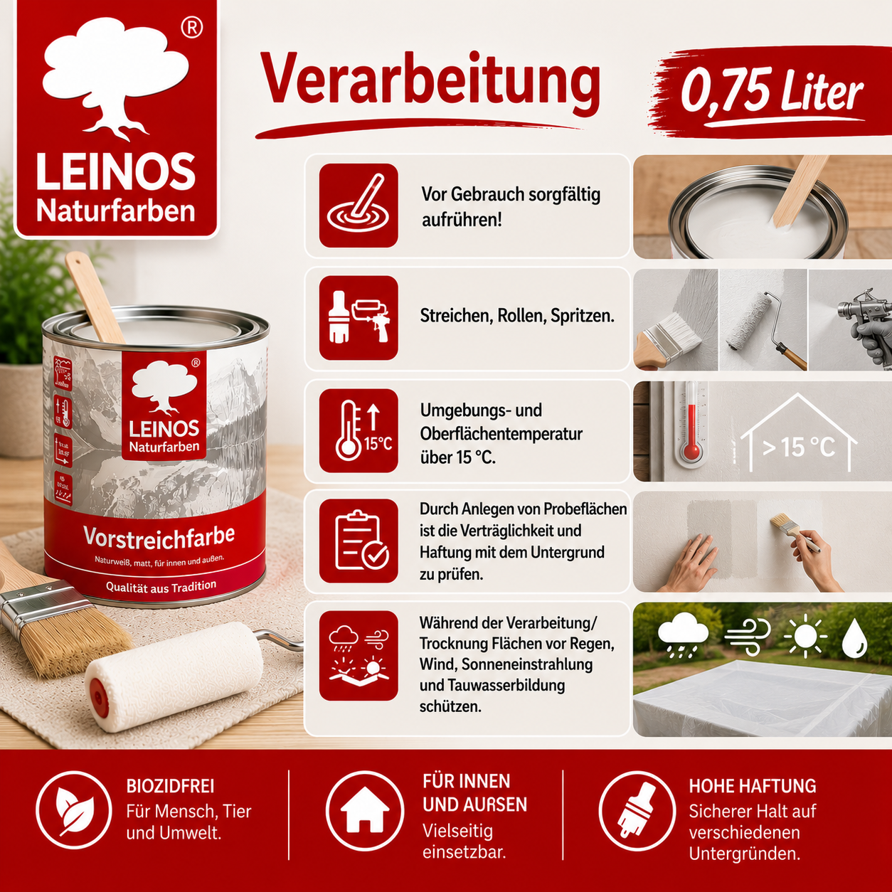 LEINOS Vorstreichfarbe 810 | 0,75 Liter | universelle Grundierung für Holz, Metall, Glasfasertapeten | schnelltrocknend, diffusionsoffen & atmungsaktiv | weiß matt, sehr gut schleifbar, innen & außen nutzbar