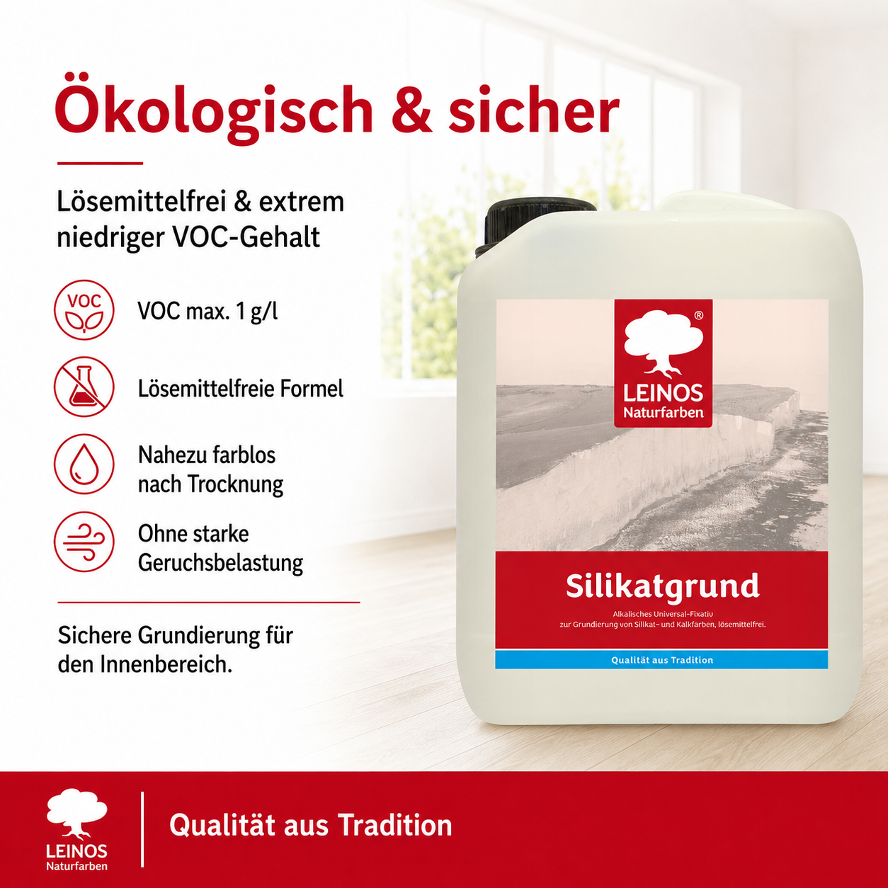 LEINOS Silikatgrund 621 | Universal-Fixativ & Grundierung für Silikat- & Kalkfarben | Farblos, hoch wasserdampfdurchlässig, lösemittelfrei | 2,5 Liter | von LEINOS