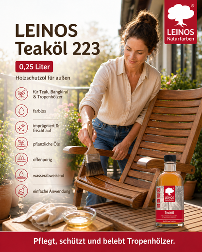 LEINOS Teaköl 223 – 0,25 Liter Holzschutzöl für außen, farblos, für Teak, Bangkirai & Tropenhölzer, imprägniert & frischt auf, pflanzliche Öle, offenporig, wasserabweisend, einfache Anwendung