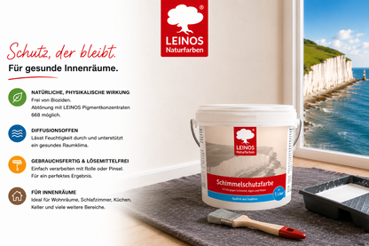 LEINOS 695 Schimmelschutzfarbe 1,0 l für Innenräume, gegen Schimmel, Algen und Pilze, biozidfrei, lösemittelfrei, diffusionsoffen, natürliche Wirkung, hohe Deckkraft, weiß, gebrauchsfertig Innenwände!