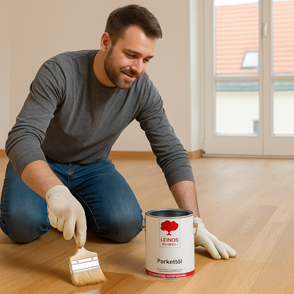 LEINOS 252 Parkettöl für Innen, 2,5 L – seidenmatt & farblos – natürliche Holzpflege für Parkett & Dielenböden – atmungsaktiv, wasserabweisend & strapazierfähig – lösemittelfrei & offenporig