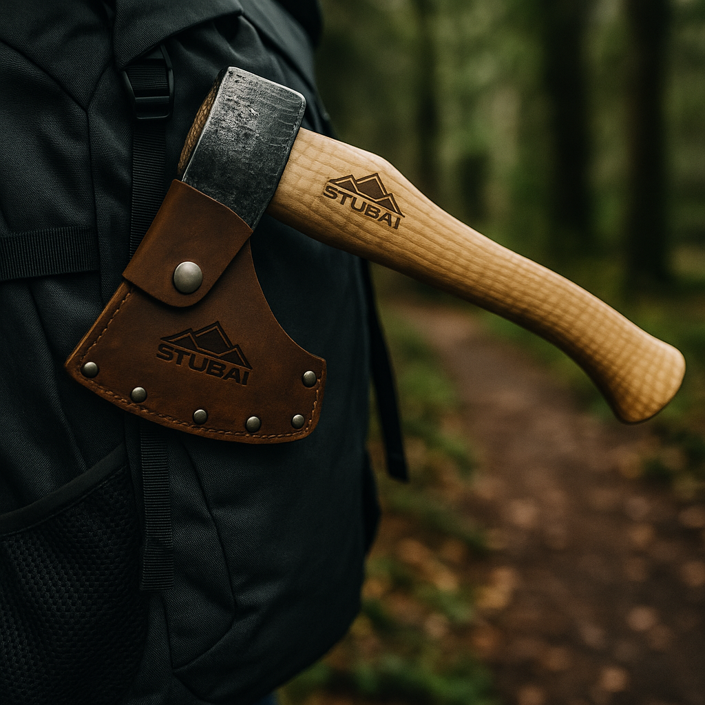 STUBAI Campingbeil „Habicht“ 1.100 g – Handgeschmiedet aus Kohlenstoffstahl, 340 mm, geölter Hickorystiel, Lederscheide – Outdoor, Bushcraft, Survival
