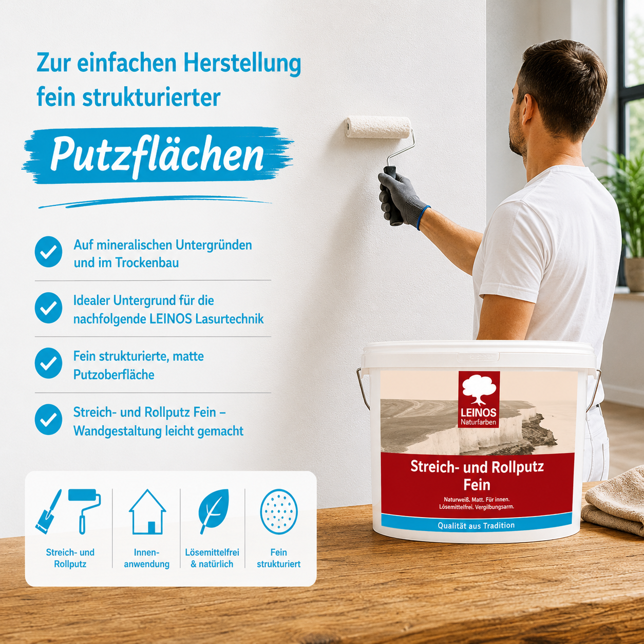 LEINOS Streich- und Rollputz fein 685, weiß – Feinkörniger Putz für Innen, atmungsaktiv, lösemittelfrei, schadstofffrei, gebrauchsfertig, strukturierbar, auf Putz, Gips, Lehm, Altanstrich – 2,5 L