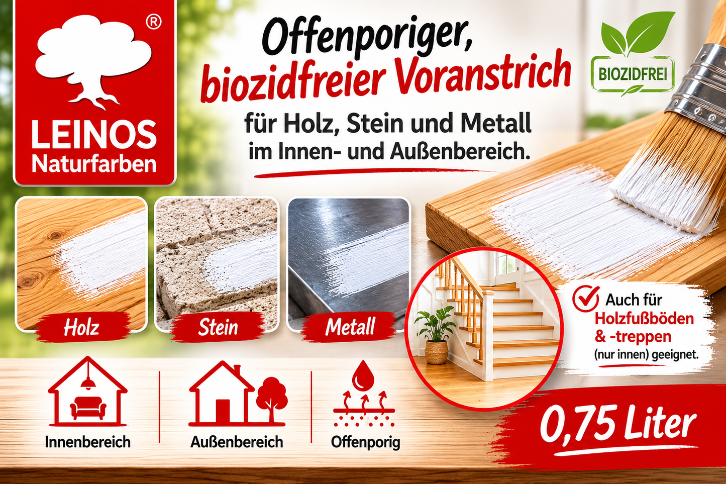 LEINOS Vorstreichfarbe 810 | 0,75 Liter | universelle Grundierung für Holz, Metall, Glasfasertapeten | schnelltrocknend, diffusionsoffen & atmungsaktiv | weiß matt, sehr gut schleifbar, innen & außen nutzbar