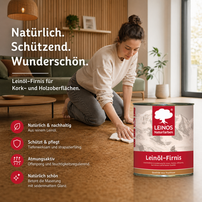 LEINOS Leinöl-Firnis 230 – 0,75 L für innen und außen – offenporige Grundierung für stark saugende Untergründe wie Hirnholzparkett, Kork, Terracotta – lösungsmittelfrei – ohne Filmschutz außen