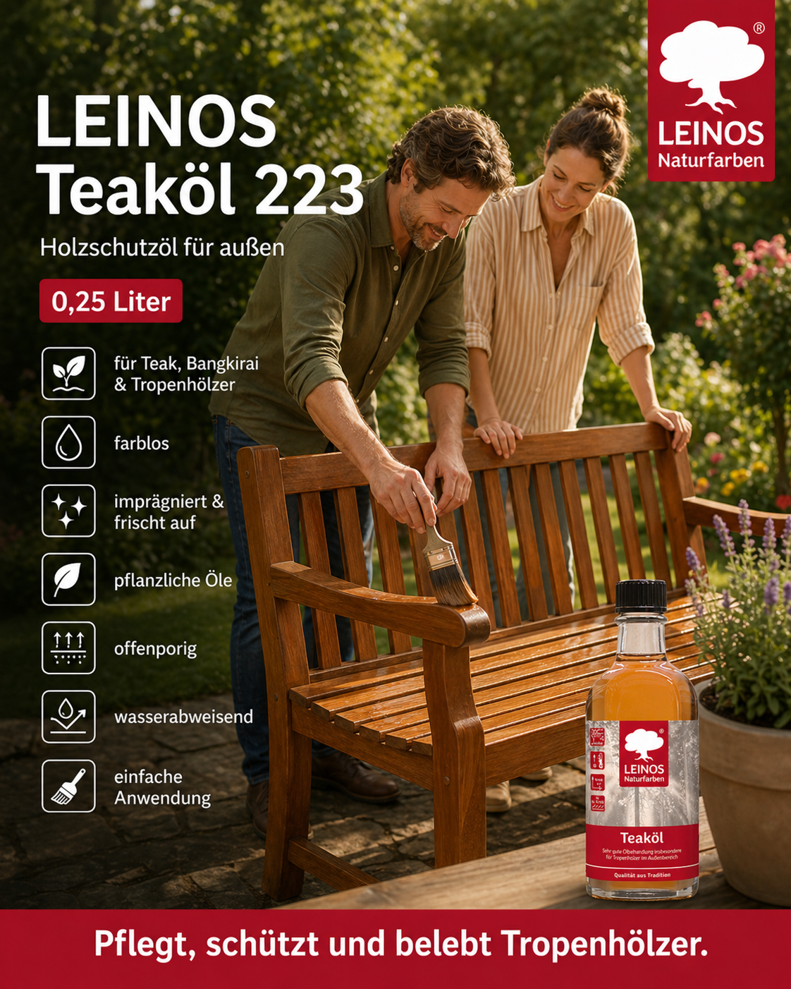 LEINOS Teaköl 223 – 0,25 Liter Holzschutzöl für außen, farblos, für Teak, Bangkirai & Tropenhölzer, imprägniert & frischt auf, pflanzliche Öle, offenporig, wasserabweisend, einfache Anwendung