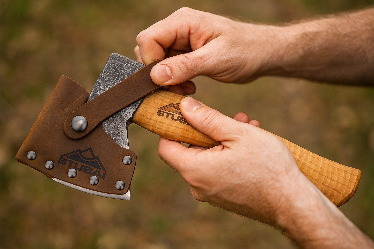 STUBAI Campingbeil Serles 800 g – Handgeschmiedet aus Kohlenstoffstahl, 240 mm, inkl. Lederscheide, geölter Hickorystiel – Outdoor, Bushcraft, Survival