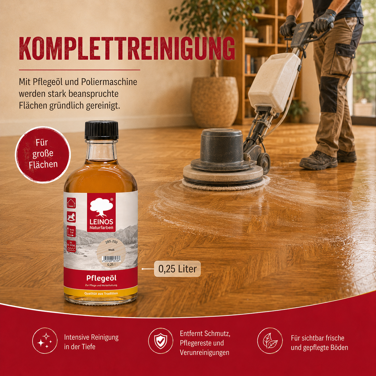 LEINOS 285 Pflegeöl weiß 0,25 Liter für Holz, Parkett, Kork und Linoleum | Pflege, Reinigung und Auffrischung geölter und gewachster Flächen im Innenbereich | Natürlich ökologisch natürliche Optik