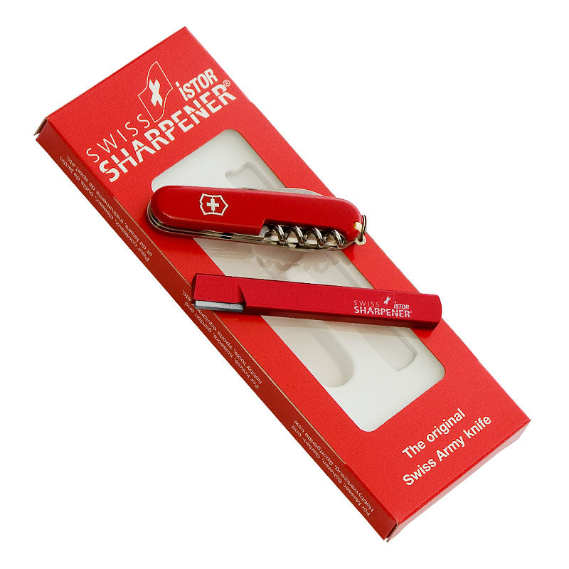iSTOR Geschenkset mit Standard Swiss Sharpener und Victorinox Offizierstaschenmesser SPORTSMAN, Schweizer Qualität