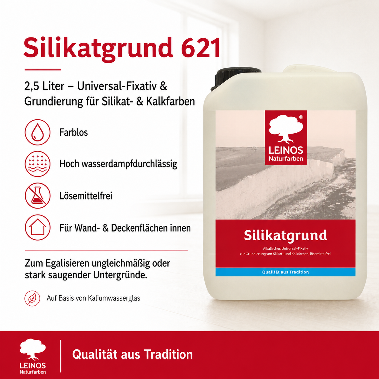 LEINOS Silikatgrund 621 | Universal-Fixativ & Grundierung für Silikat- & Kalkfarben | Farblos, hoch wasserdampfdurchlässig, lösemittelfrei | 2,5 Liter | von LEINOS