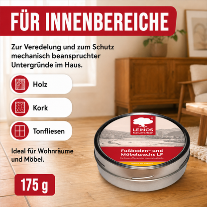 LEINOS Fußboden- & Möbelwachs LF 310 | 175 gramm  Natürliches Hartwachs für Innenbereiche | Atmungsaktiver Schutz für Holz, Kork, Tonfliesen | Reines Naturwachs mit Bienen- & Carnaubawachs