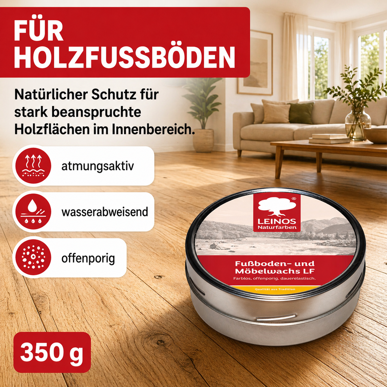 LEINOS Fußboden- & Möbelwachs LF 310 | 350 gramm  Natürliches Hartwachs für Innenbereiche | Atmungsaktiver Schutz für Holz, Kork, Tonfliesen | Reines Naturwachs mit Bienen- & Carnaubawachs