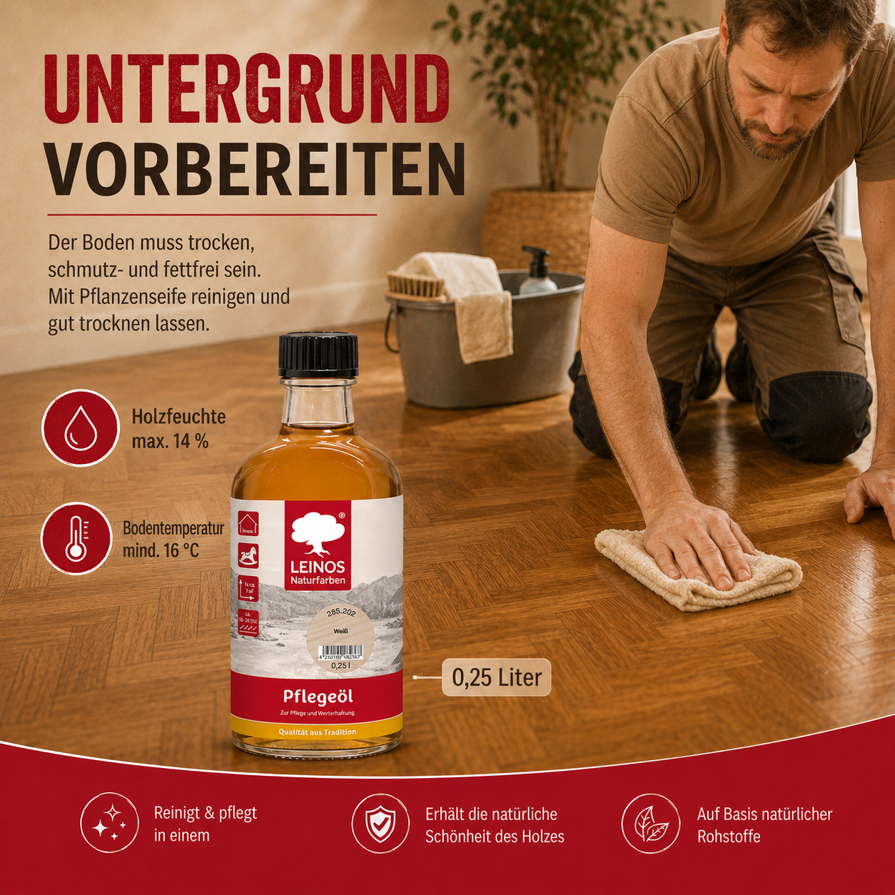 LEINOS 285 Pflegeöl weiß 0,25 Liter für Holz, Parkett, Kork und Linoleum | Pflege, Reinigung und Auffrischung geölter und gewachster Flächen im Innenbereich | Natürlich ökologisch natürliche Optik