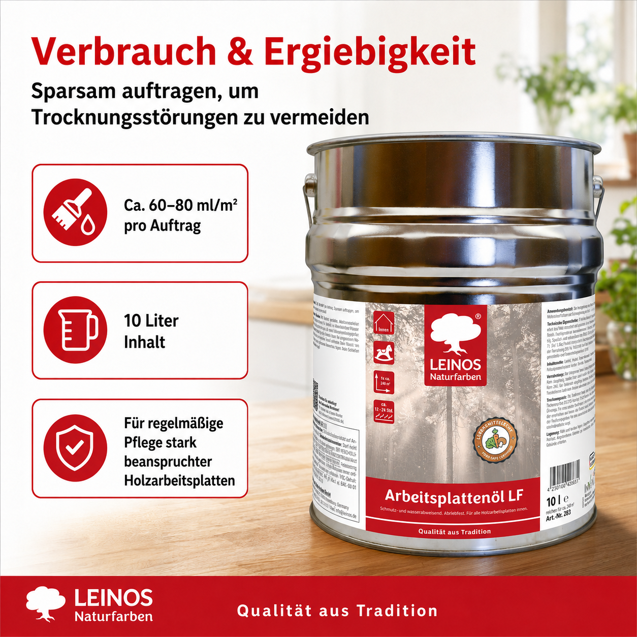 Arbeitsplattenöl LF 283 10,0 Liter – Lebensmittelecht, schmutz- & wasserabweisend, abriebfest – Schutz & Pflege für Holzarbeitsplatten in der Küche – Ideal für stark beanspruchte Oberflächen