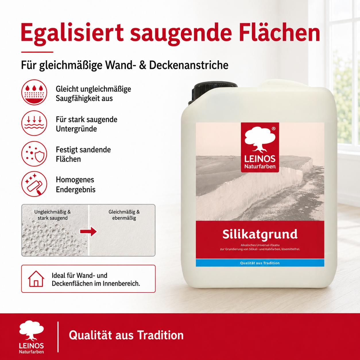 LEINOS Silikatgrund 621 | Universal-Fixativ & Grundierung für Silikat- & Kalkfarben | Farblos, hoch wasserdampfdurchlässig, lösemittelfrei | 2,5 Liter | von LEINOS