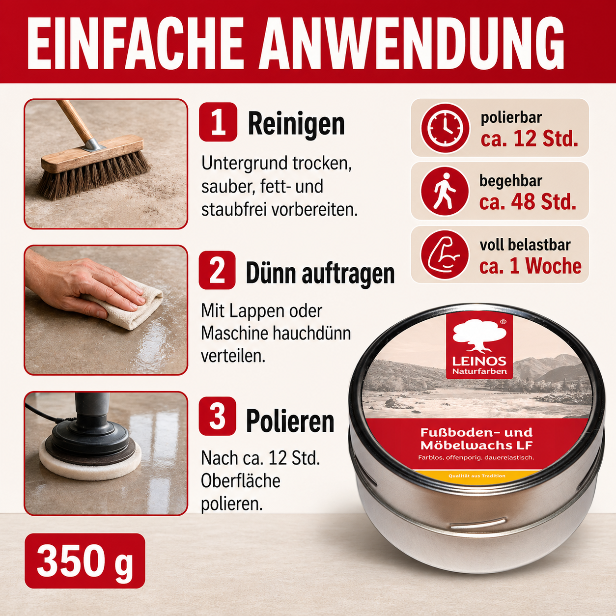 LEINOS Fußboden- & Möbelwachs LF 310 | 350 gramm  Natürliches Hartwachs für Innenbereiche | Atmungsaktiver Schutz für Holz, Kork, Tonfliesen | Reines Naturwachs mit Bienen- & Carnaubawachs