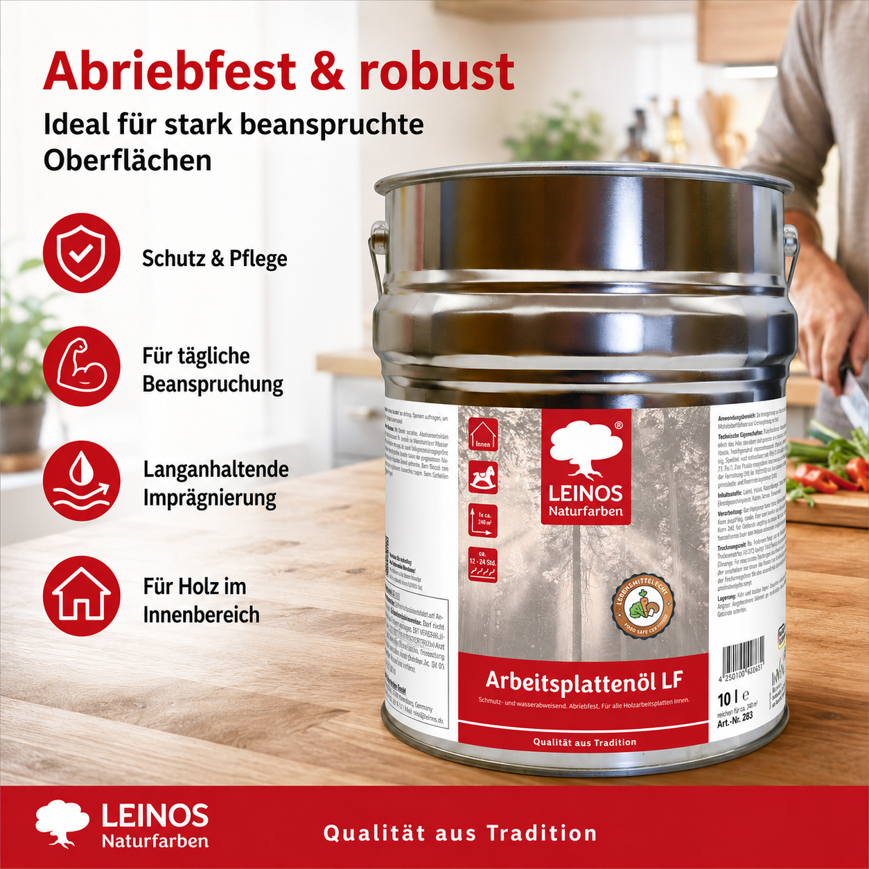 Arbeitsplattenöl LF 283 10,0 Liter – Lebensmittelecht, schmutz- & wasserabweisend, abriebfest – Schutz & Pflege für Holzarbeitsplatten in der Küche – Ideal für stark beanspruchte Oberflächen