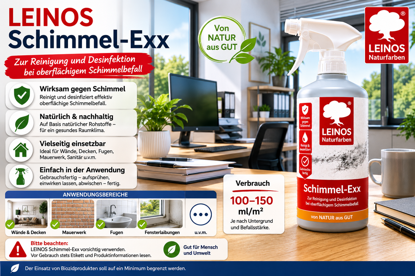 LEINOS 960 Schimmel-Exx 0,5 l Zum sicheren Entfernen von Schimmelpilzen im Innenbereich Ohne Chlorchemie Leicht fließende Flüssigkeit.
