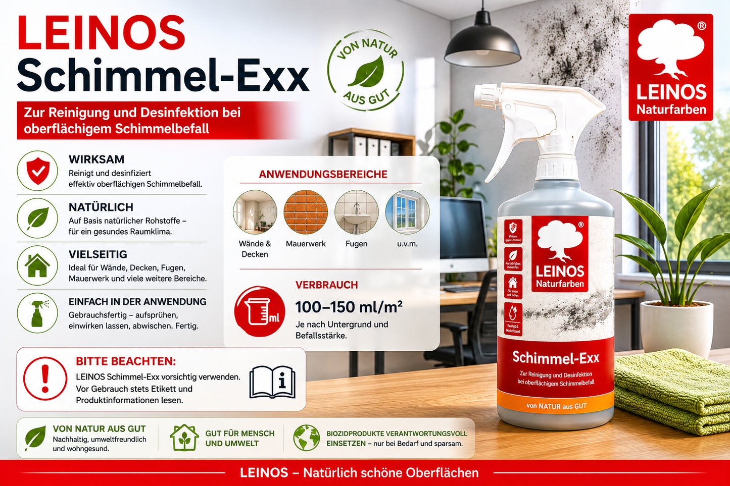 LEINOS 960 Schimmel-Exx 0,5 l Zum sicheren Entfernen von Schimmelpilzen im Innenbereich Ohne Chlorchemie Leicht fließende Flüssigkeit.