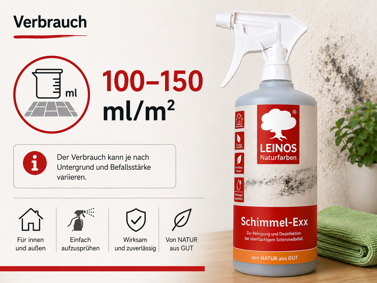 LEINOS 960 Schimmel-Exx 0,5 l Zum sicheren Entfernen von Schimmelpilzen im Innenbereich Ohne Chlorchemie Leicht fließende Flüssigkeit.