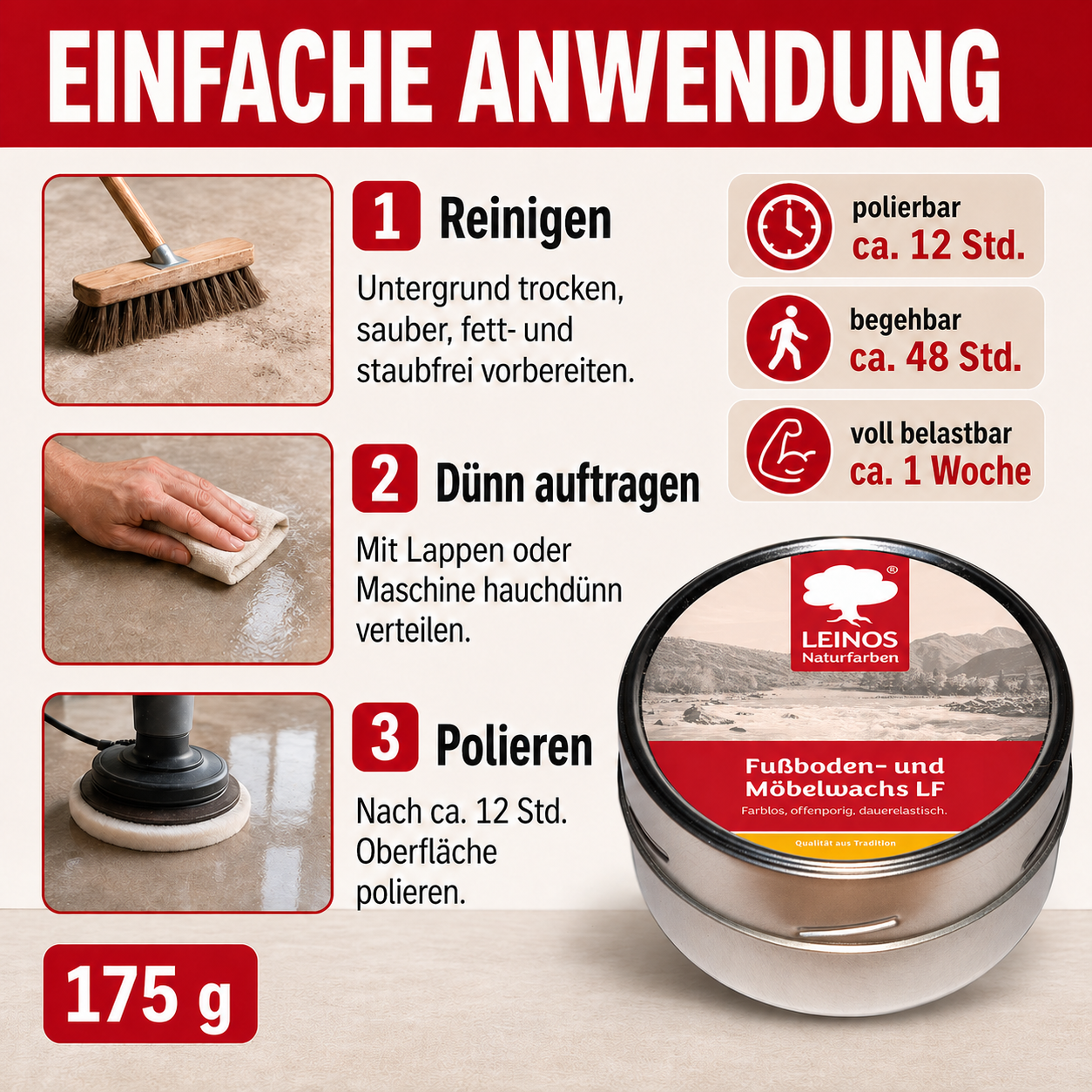 LEINOS Fußboden- & Möbelwachs LF 310 | 175 gramm  Natürliches Hartwachs für Innenbereiche | Atmungsaktiver Schutz für Holz, Kork, Tonfliesen | Reines Naturwachs mit Bienen- & Carnaubawachs