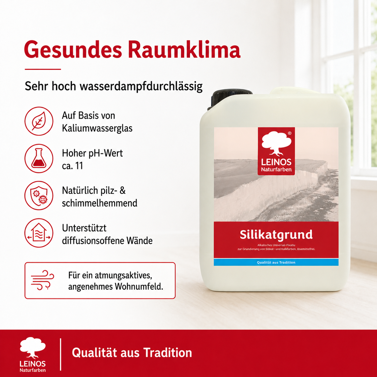 LEINOS Silikatgrund 621 | Universal-Fixativ & Grundierung für Silikat- & Kalkfarben | Farblos, hoch wasserdampfdurchlässig, lösemittelfrei | 2,5 Liter | von LEINOS