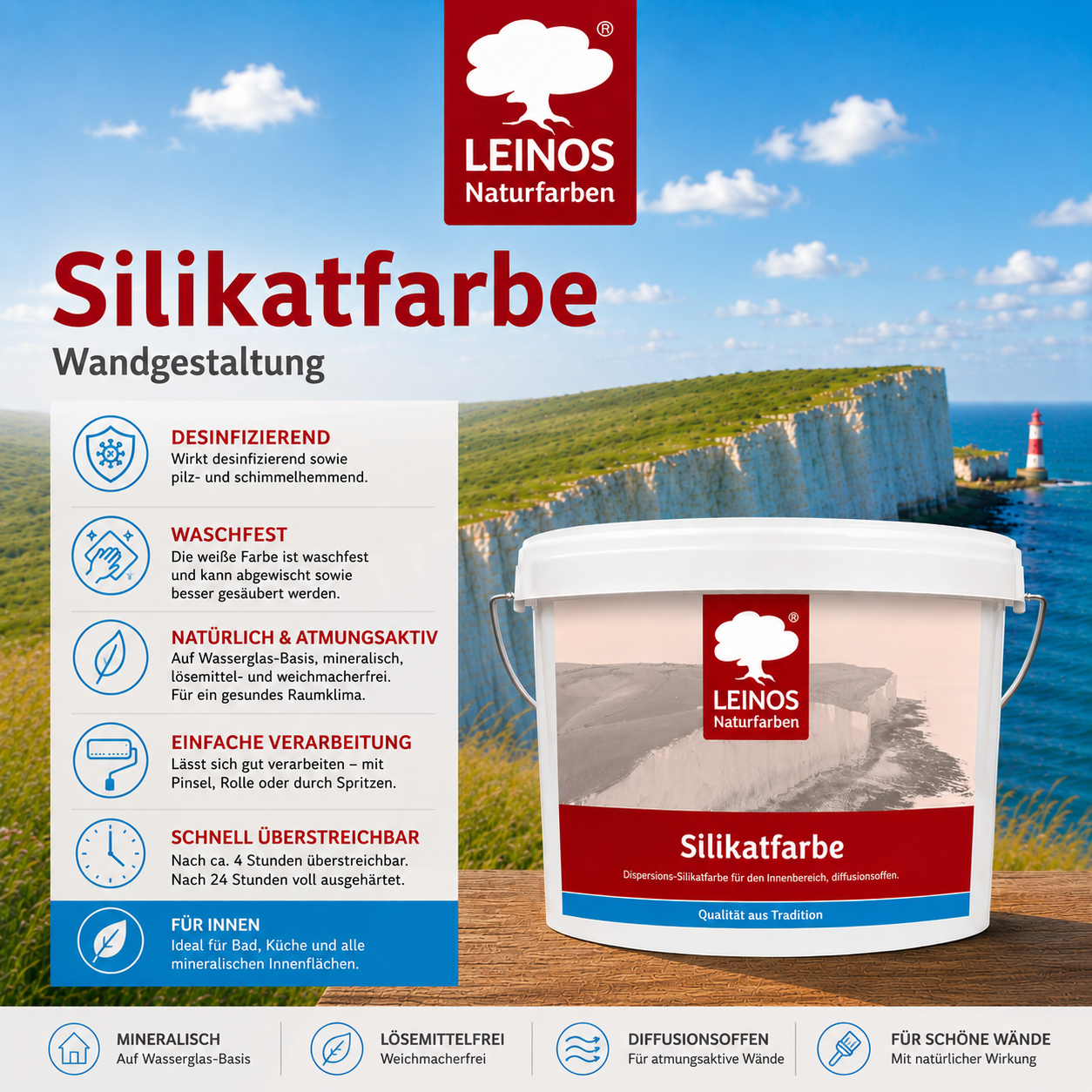 LEINOS Silikatfarbe 2,5 L Weiß – Waschfeste Wandfarbe für Feuchträume
