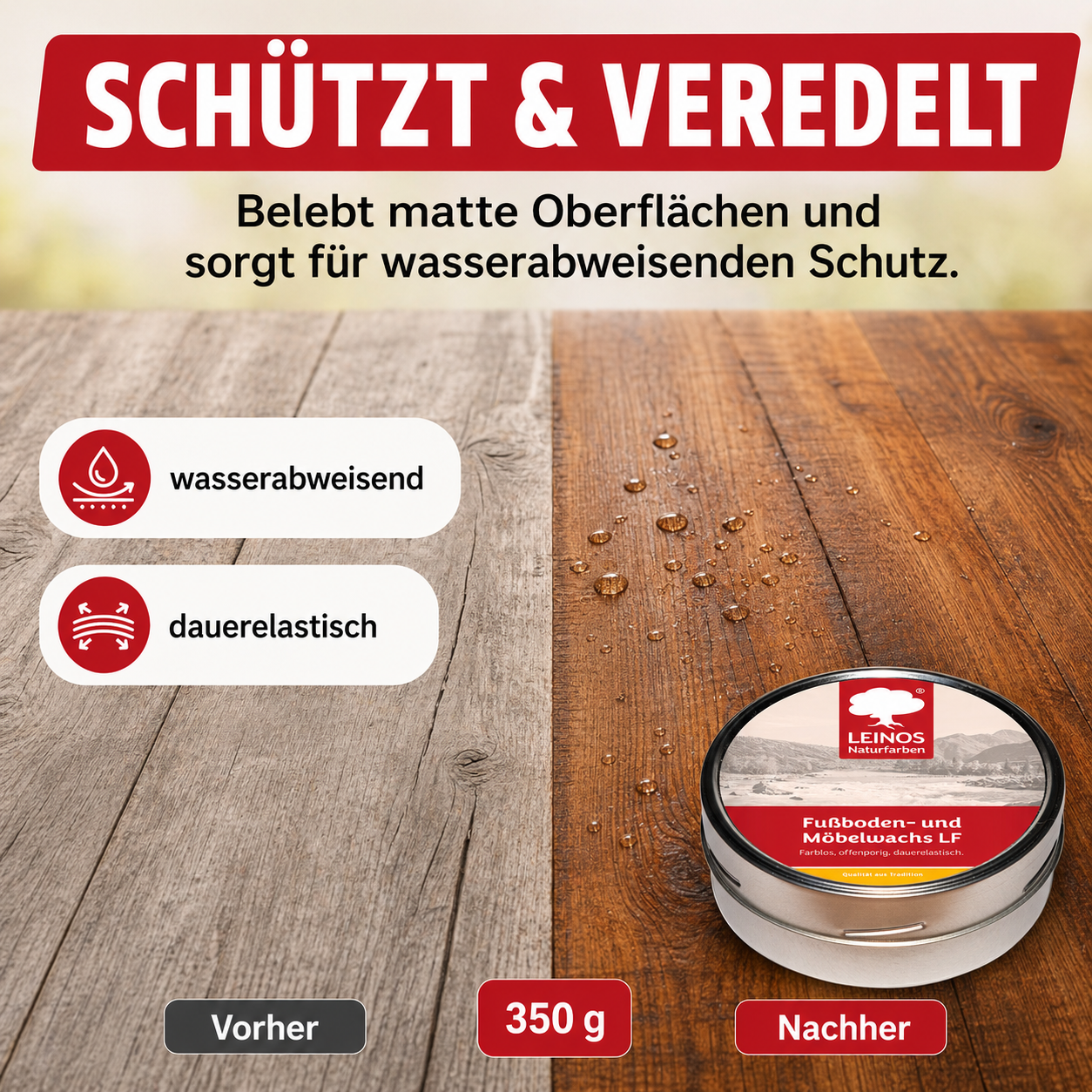LEINOS Fußboden- & Möbelwachs LF 310 | 350 gramm  Natürliches Hartwachs für Innenbereiche | Atmungsaktiver Schutz für Holz, Kork, Tonfliesen | Reines Naturwachs mit Bienen- & Carnaubawachs