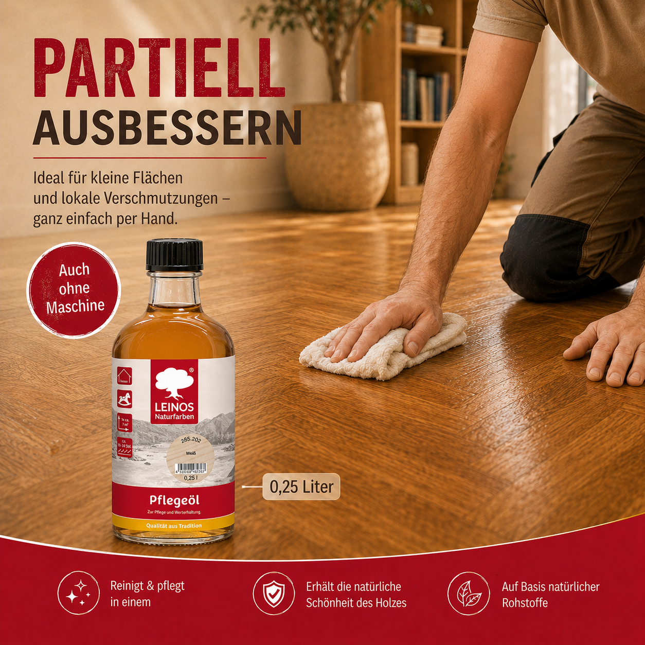 LEINOS 285 Pflegeöl weiß 0,25 Liter für Holz, Parkett, Kork und Linoleum | Pflege, Reinigung und Auffrischung geölter und gewachster Flächen im Innenbereich | Natürlich ökologisch natürliche Optik