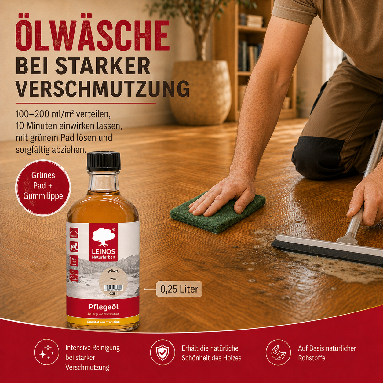 LEINOS 285 Pflegeöl weiß 0,25 Liter für Holz, Parkett, Kork und Linoleum | Pflege, Reinigung und Auffrischung geölter und gewachster Flächen im Innenbereich | Natürlich ökologisch natürliche Optik