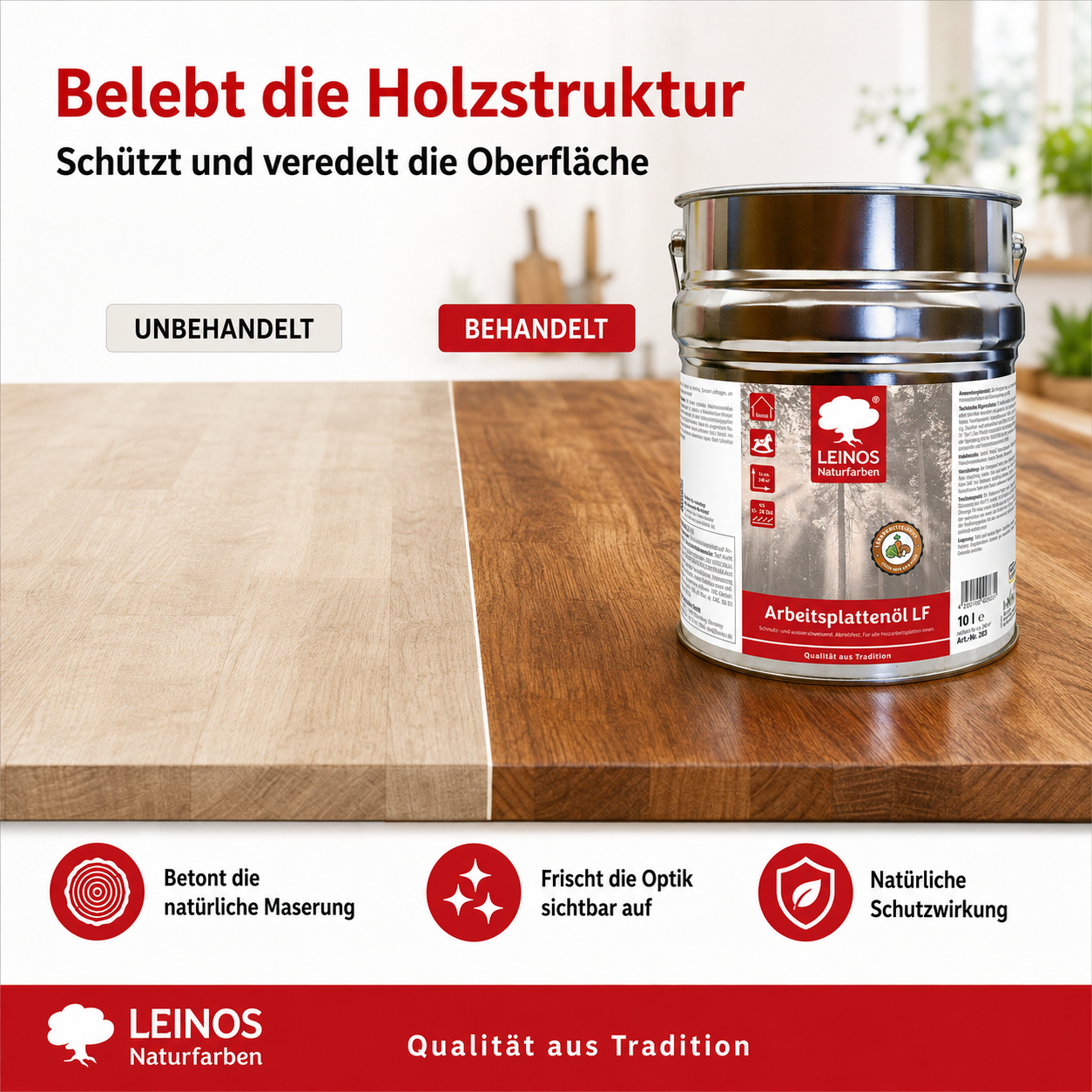 Arbeitsplattenöl LF 283 10,0 Liter – Lebensmittelecht, schmutz- & wasserabweisend, abriebfest – Schutz & Pflege für Holzarbeitsplatten in der Küche – Ideal für stark beanspruchte Oberflächen